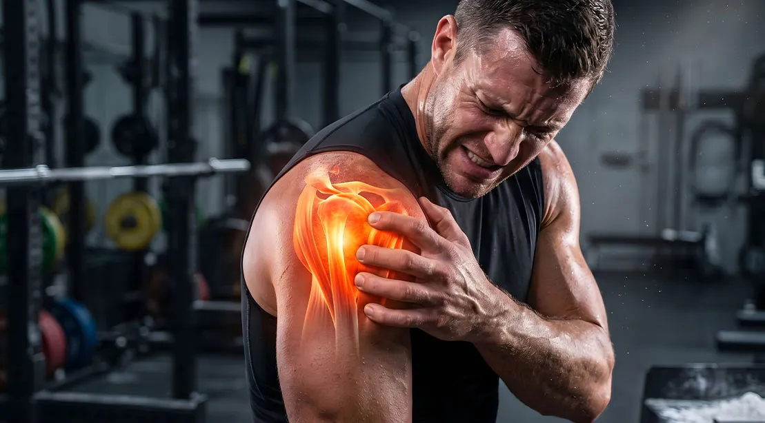 Fit athletic man suffering from an shoulder injury due to improper seated shoulder press form